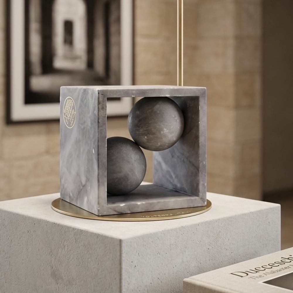 Vtg Volterra Alabaster Cube Sphere Sculpture Ducceschi Italy Brutalist Art MCM